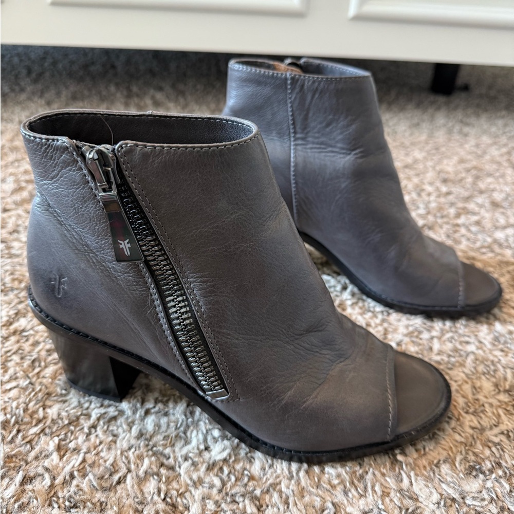 Frye Gray Leather Open Toe Ankle Boots